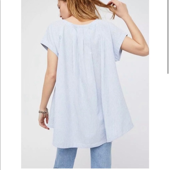 Free People Tops - Free People Blue White Seersucker Pleated Swing Blouse Top Lightweight Pockets